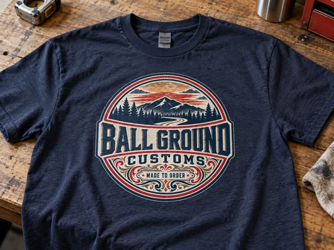 Illustrative navy T-shirt with a full-color Ball Ground Customs design.