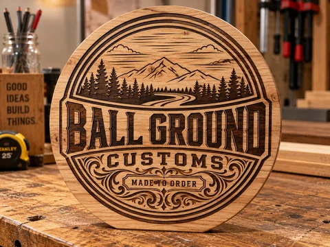 Illustrative round wood sign with an engraved Ball Ground Customs design.