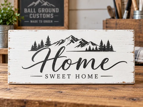 Illustrative white-finished wood board with a Home Sweet Home design.