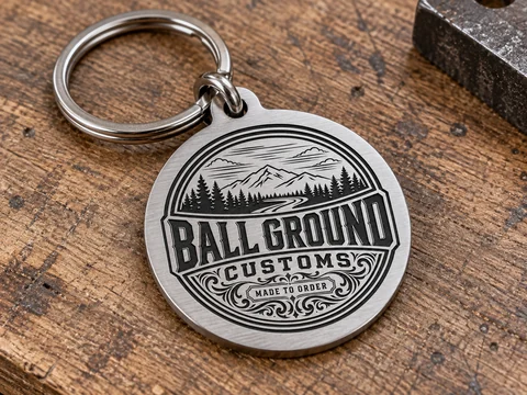 Illustrative metal keychain with an engraved Ball Ground Customs design.