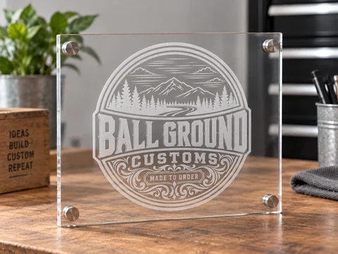 Illustrative clear acrylic sign with a frosted-white Ball Ground Customs design and metal standoffs.